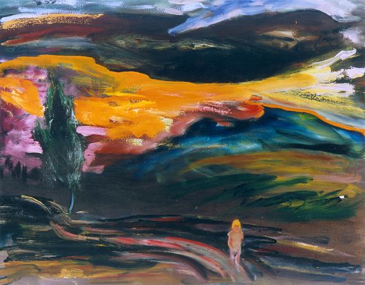 lone figure and tree in stormy sunset